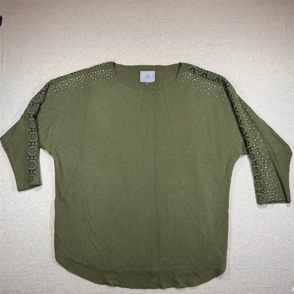 LIV Milano Blouse Womens XL Olive Green Knit Scoop Neck Dolman High-Low